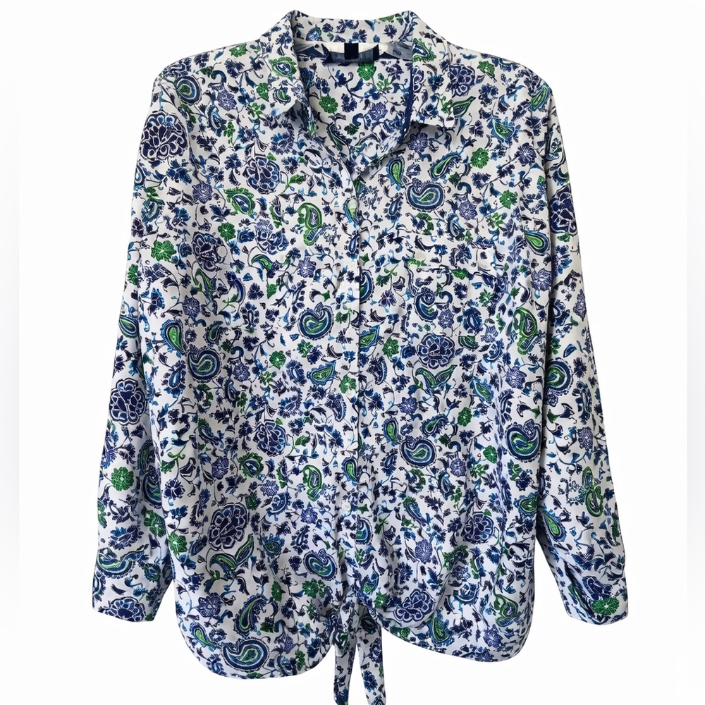 Jones New York button down blouse top blue green white floral size XL